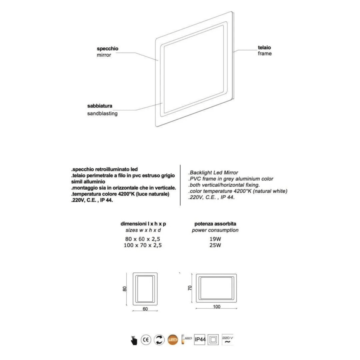 Specchio con cornice a led "Portland" rettangolare reversibile - MondoViro