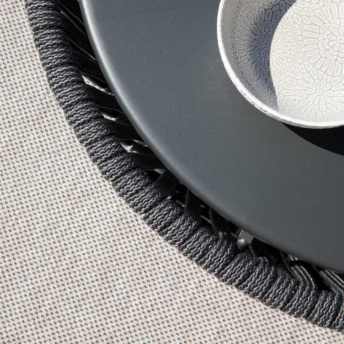 Pouf tavolino in corda e acciaio inox "Daisy Rope" tavolo basso da giardino cm 90x90 45h