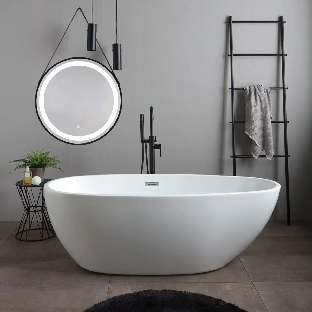 Specchio a led rotondo "Oakland" retroilluminato con cornice e laccio nero cm 60x60 - MondoViro