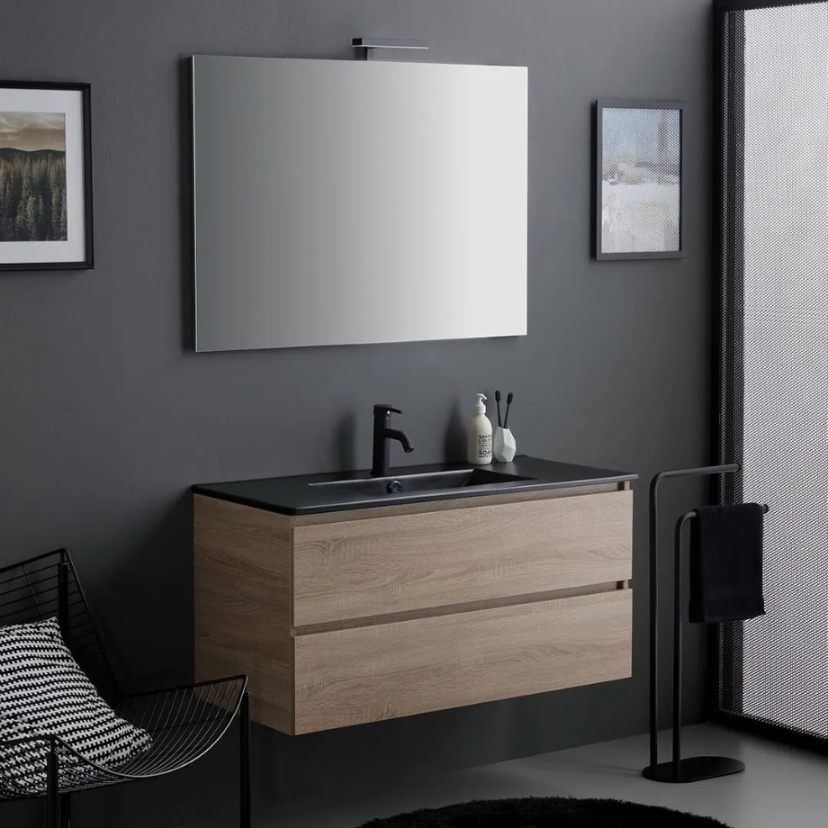 Mobile bagno sospeso 2 cassetti "Berlino100" color rovere con lavabo nero e specchio
