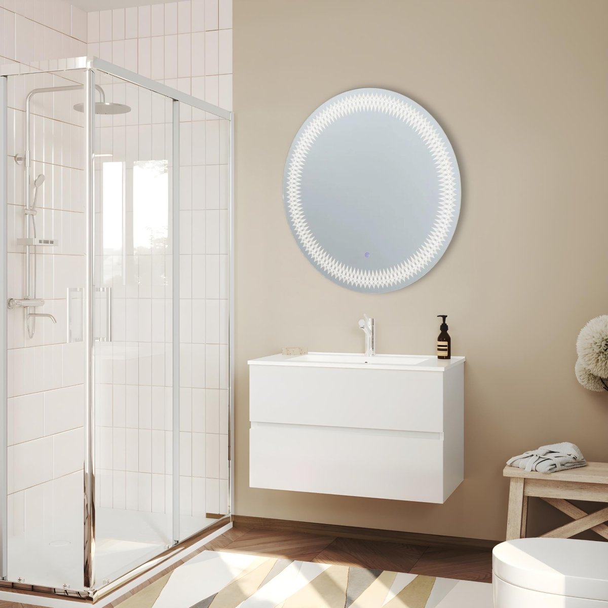 Specchio rotondo con cornice decorata a led "Illusione" in alluminio cm 80x80 - MondoViro