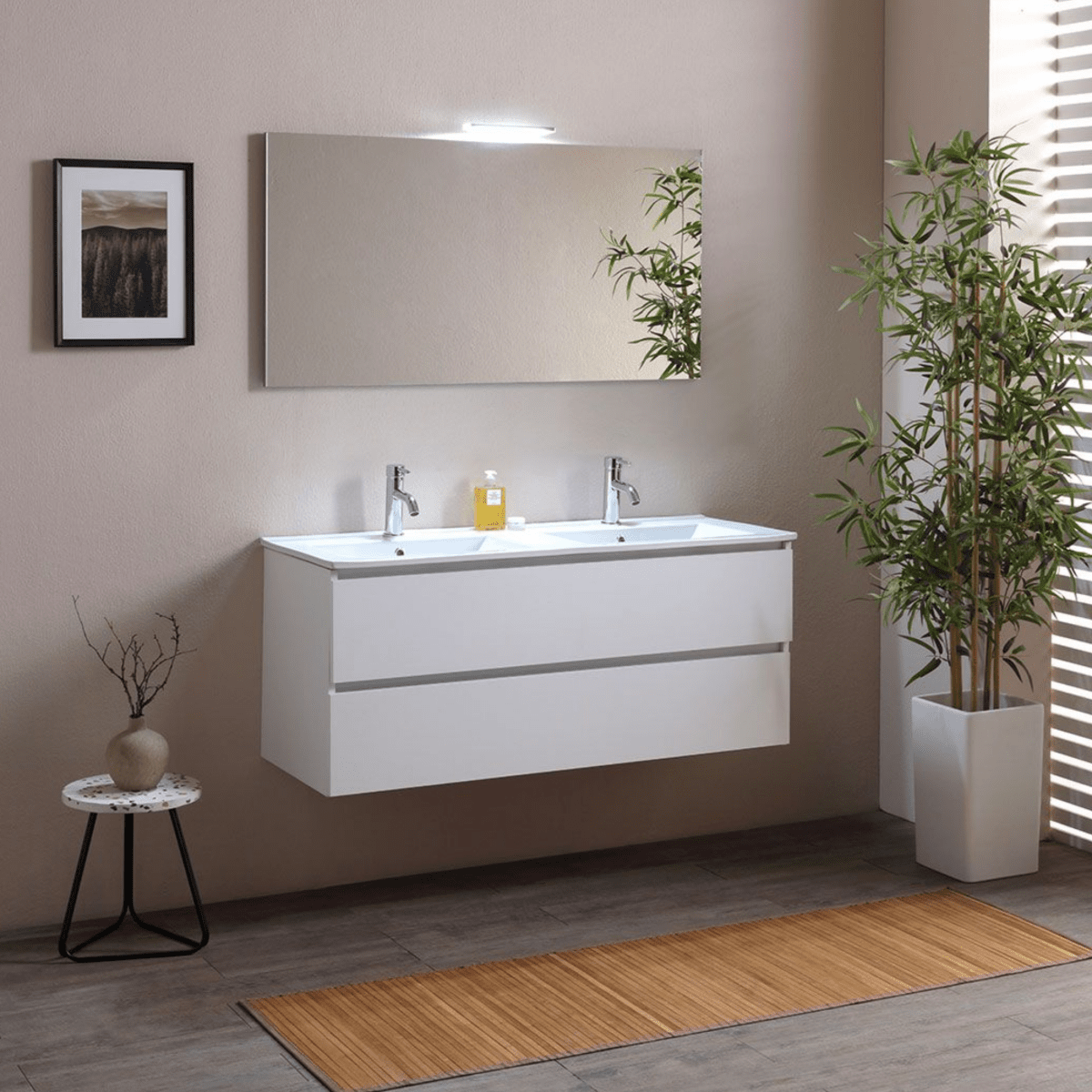 Mobile bagno "Belize120" cm con doppio lavabo e due cassetti finitura bianco legno - MondoViro