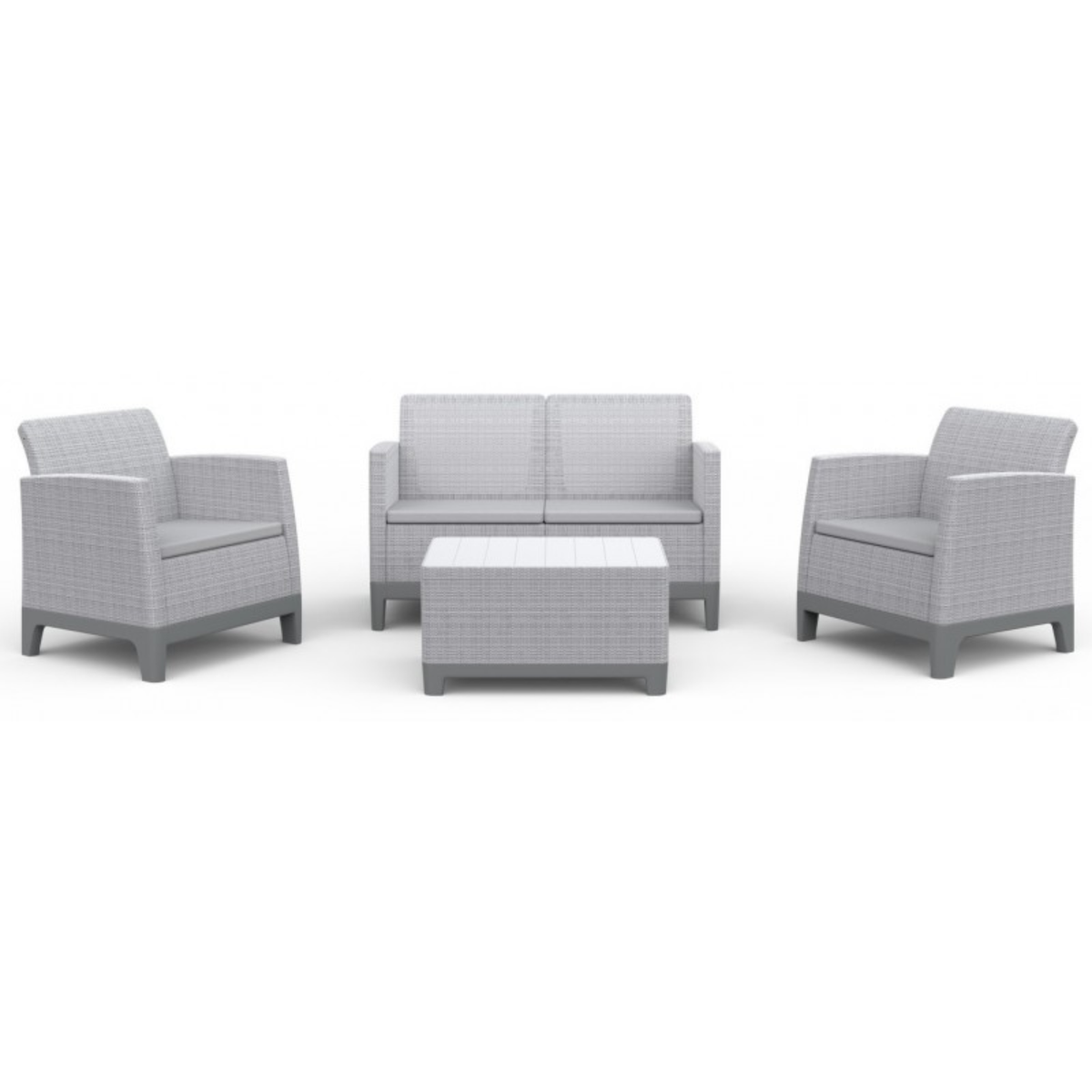 Set salottino "Roselune" da esterno con 2 poltrone, divano e tavolino contenitore grigio chiaro