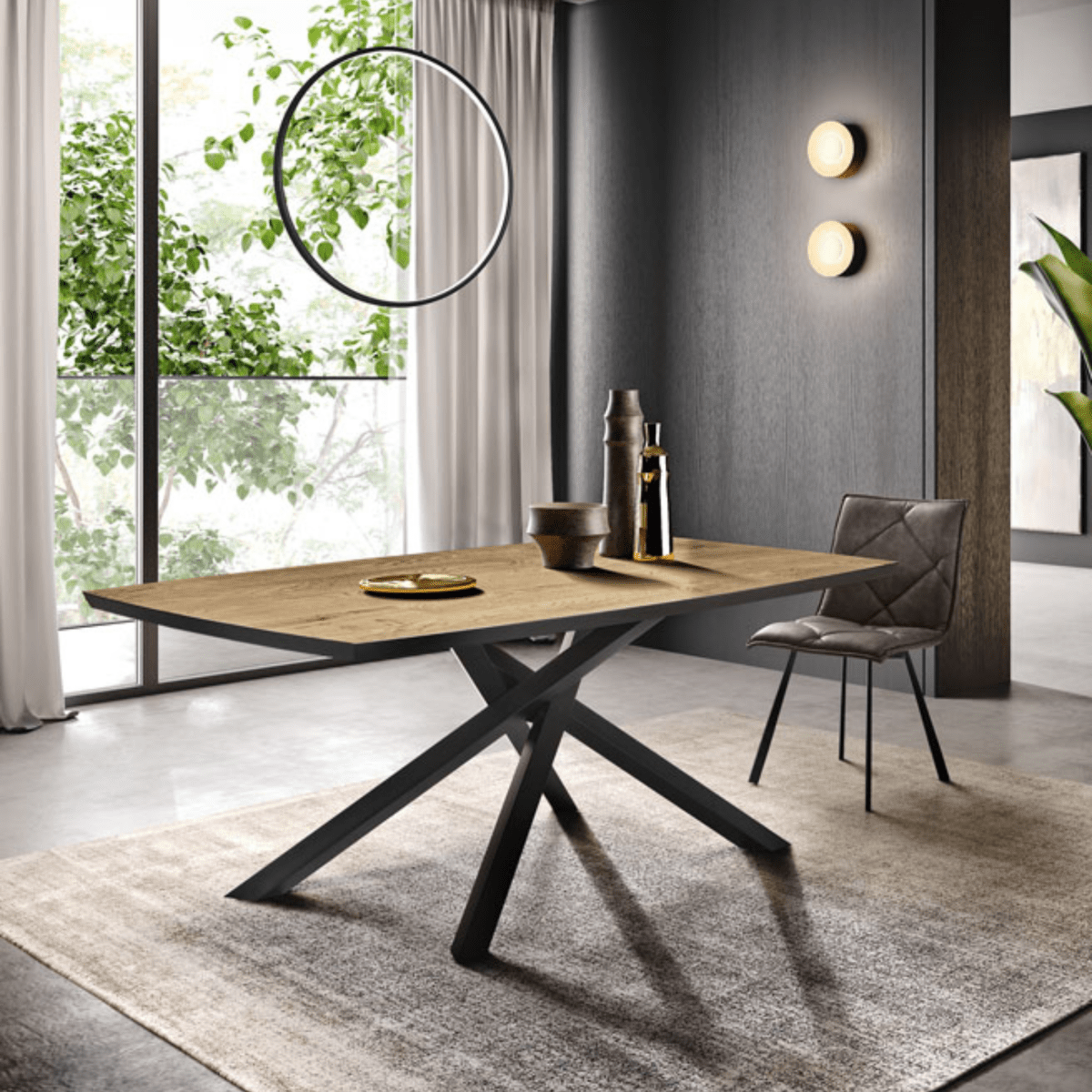 Tavolo moderno fisso da pranzo "Alan" con base in metallo e piano in rovere - MondoViro
