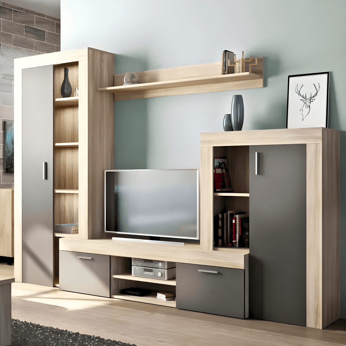 Kit parete attrezzata da soggiorno "Nobel" in legno naturale e antracite cm 263x40 200h - MondoViro