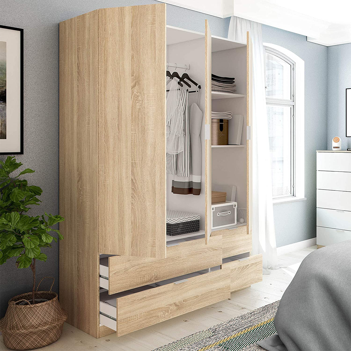 Armadio in legno LC-200 a 3 ante rovere con cassetti e barra appendiabiti cm 135x52 200h