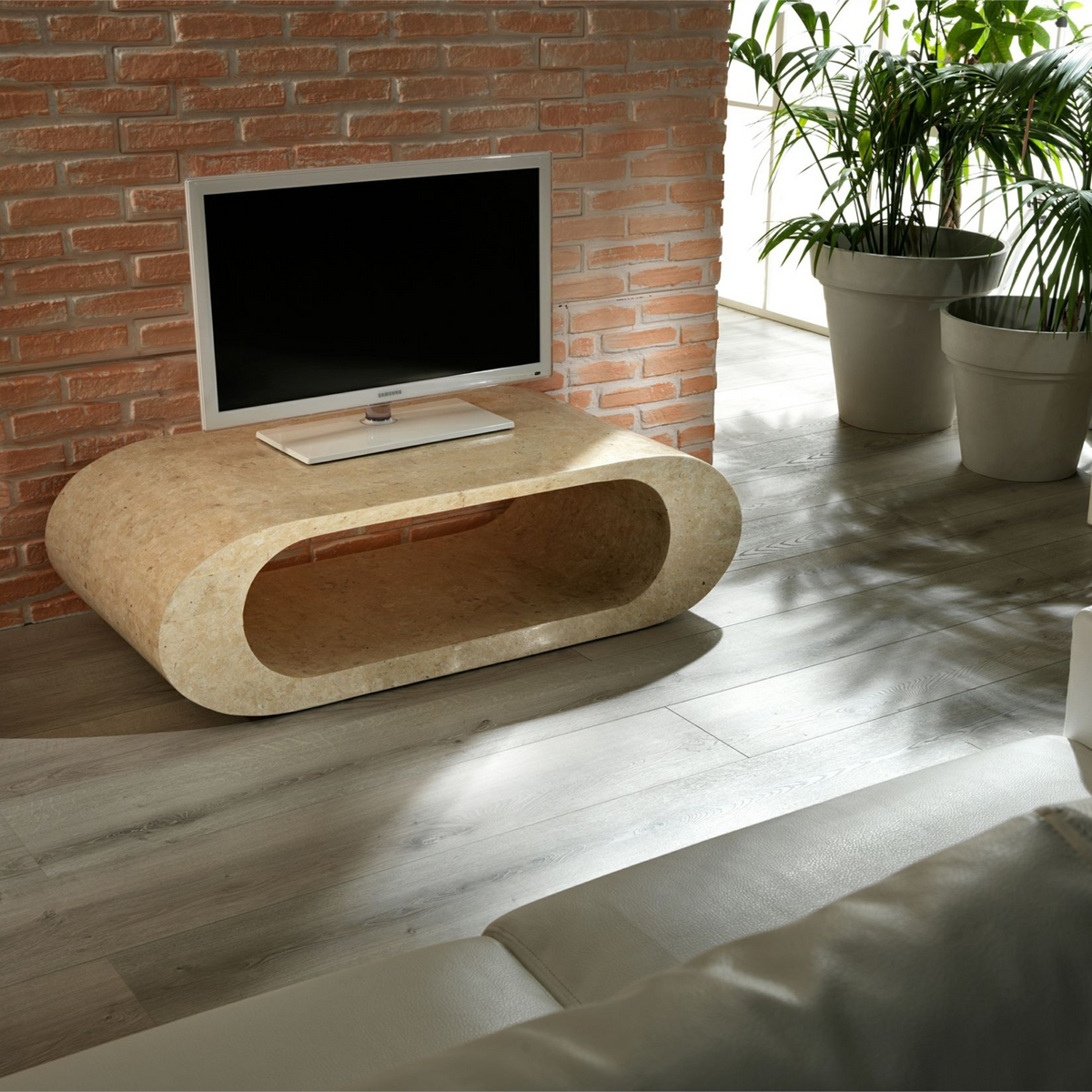 Tavolino basso porta tv moderno in pietra fossile "Tay" cm 120x62 35h
