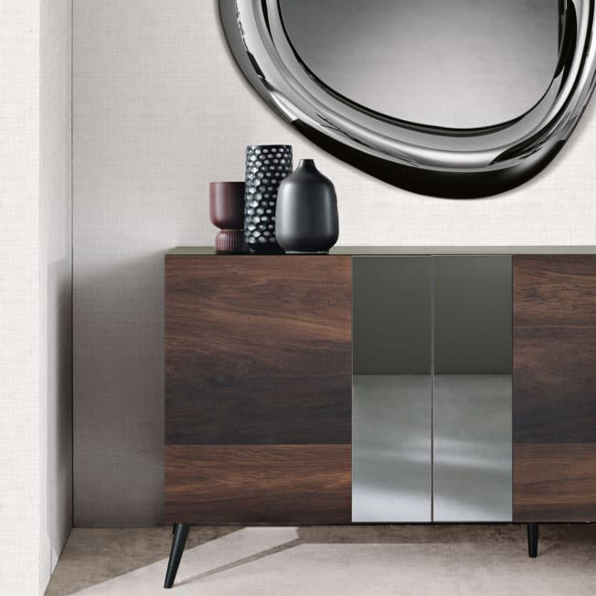 Madia moderna 3 ante già assemblata "Isabel" in legno inserti specchio cm 180x50 80h