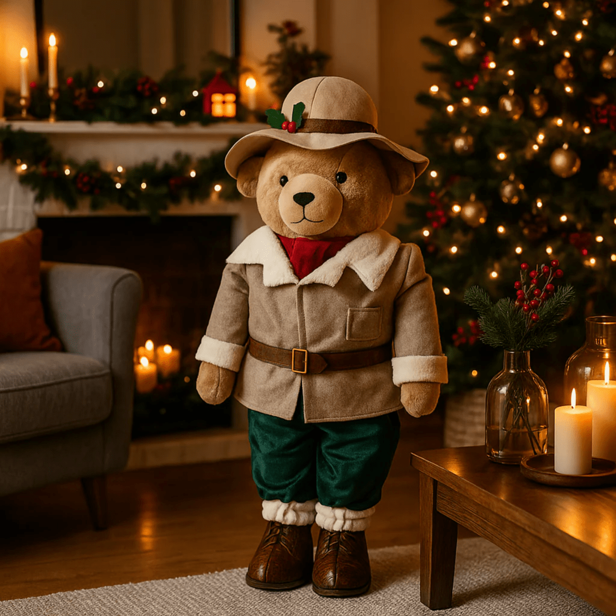 Orsacchiotto country con cappotto beige e cappello, decorazioni natalizie in poliestere - MondoViro