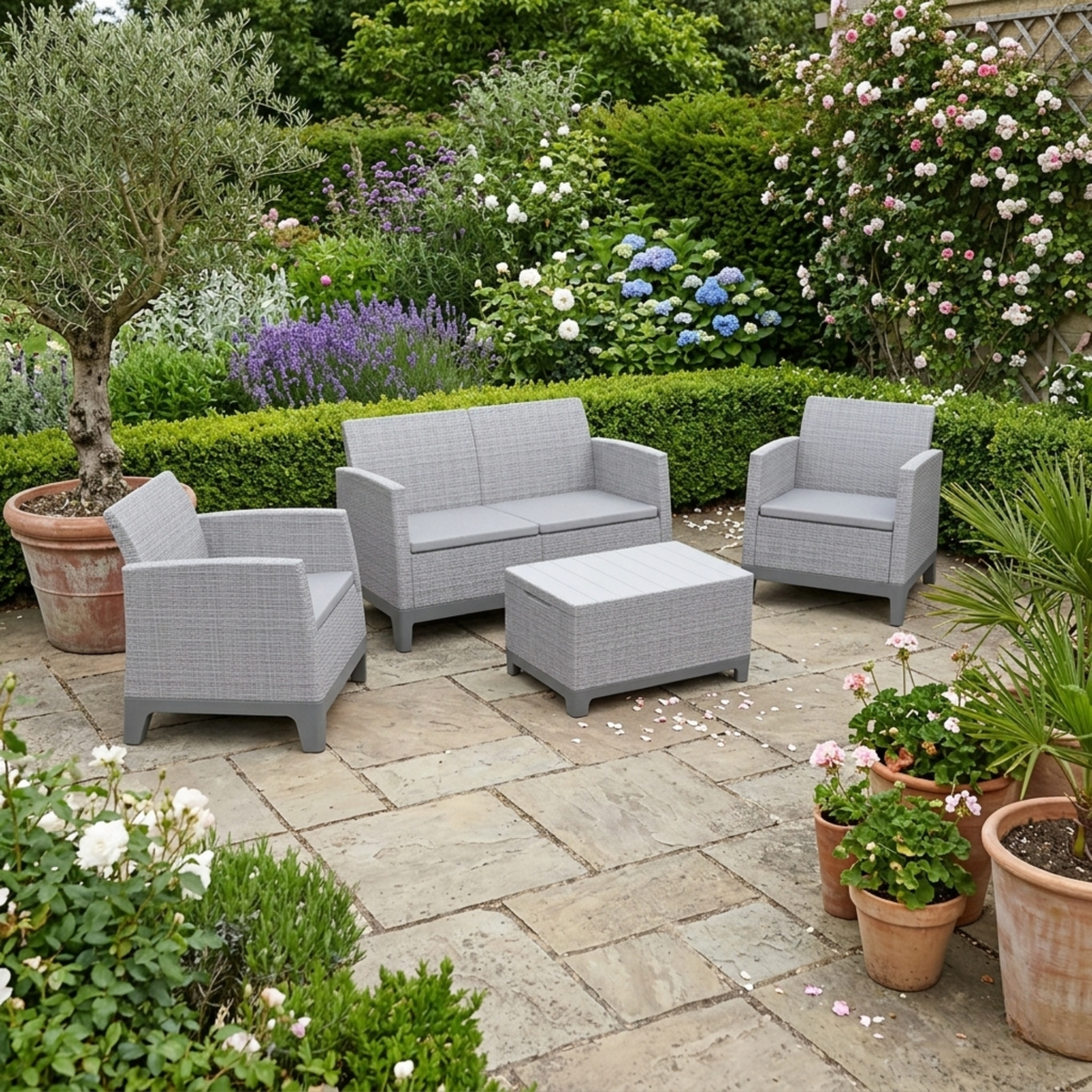 Set salottino "Roselune" da esterno con 2 poltrone, divano e tavolino contenitore grigio chiaro