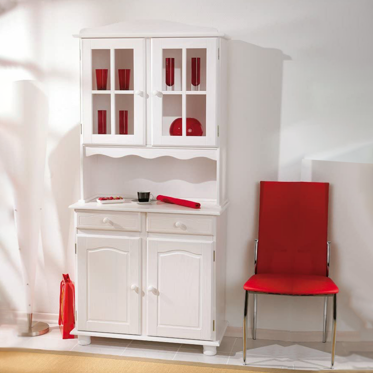 Credenza in legno massello bianco venato "Valencia" con vano a giorno h 198 cm