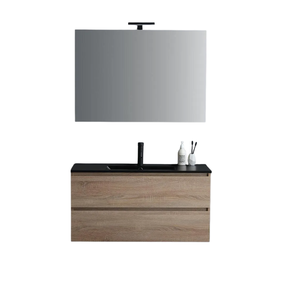 Mobile bagno sospeso 2 cassetti "Berlino100" color rovere con lavabo nero e specchio