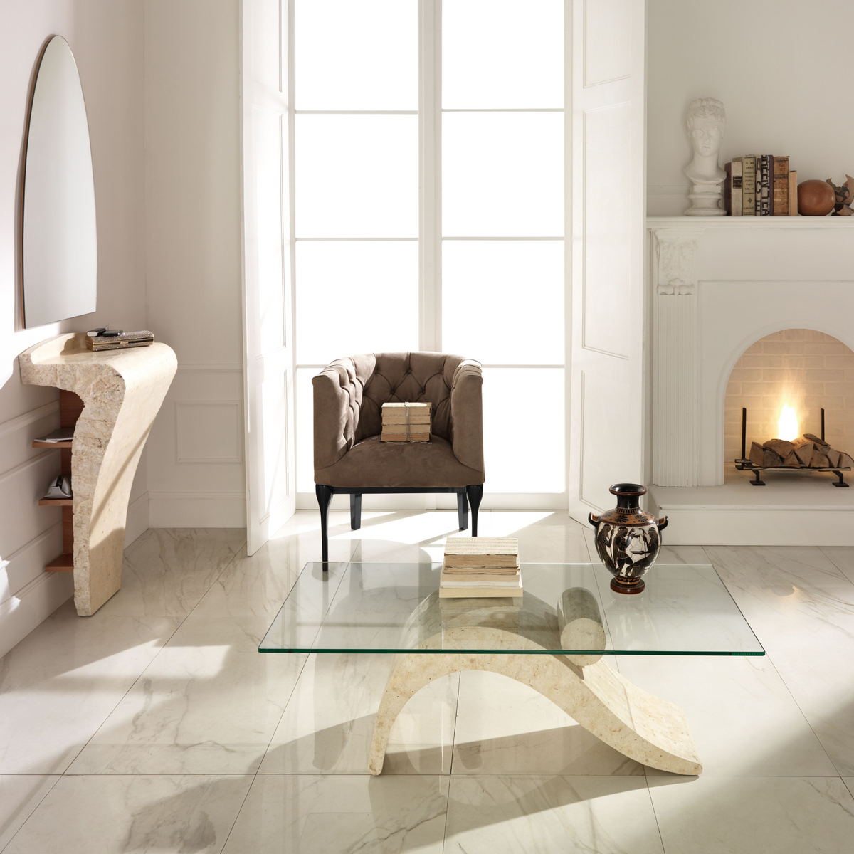 Tavolino basso in pietra fossile "Gary" top in vetro temperato cm 120x70 40h