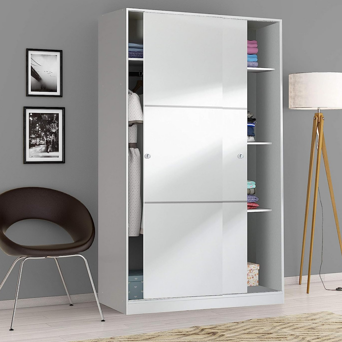 Armadio in legno bianco "Home" con 2 ante scorrevoli e 3 ripiani cm 120x50 200 h