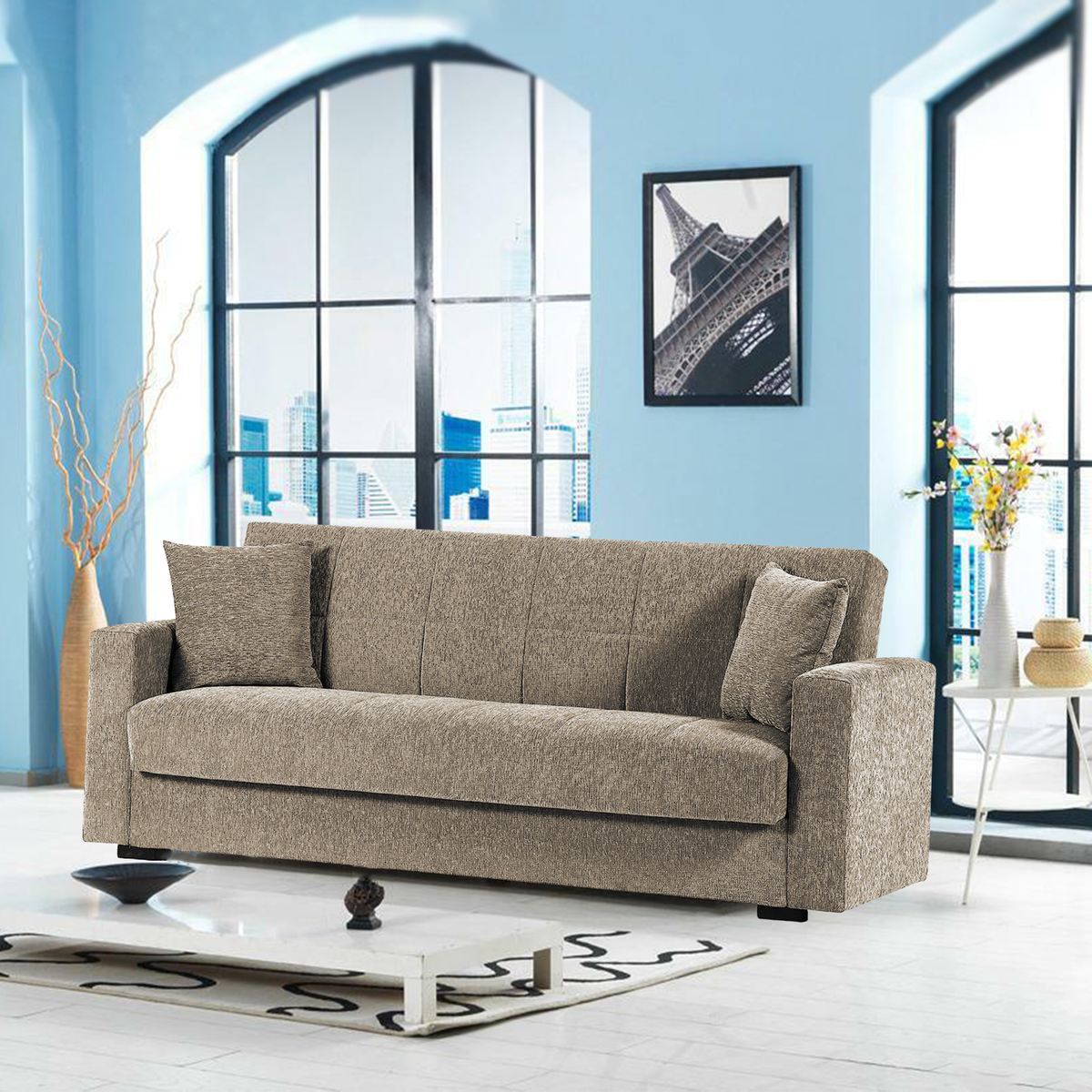 Divano letto matrimoniale moderno con contenitore "Noa" in tessuto cm 210x80 90h