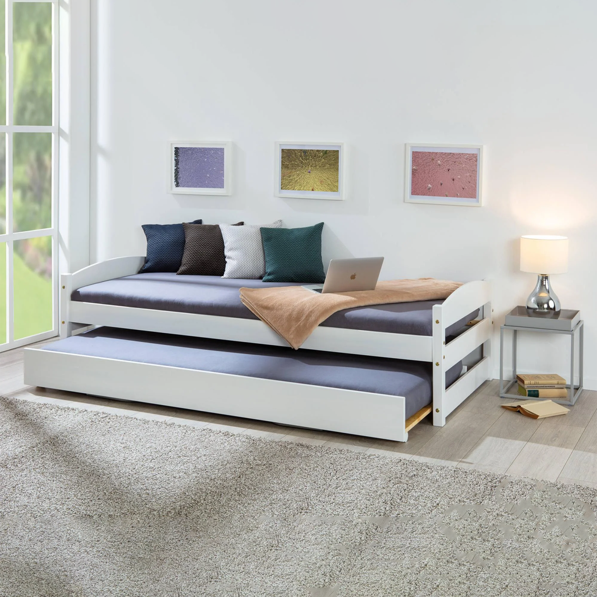 Letto doppio estraibile a scomparsa 3 funzioni in legno bianco cm 209x97 62h