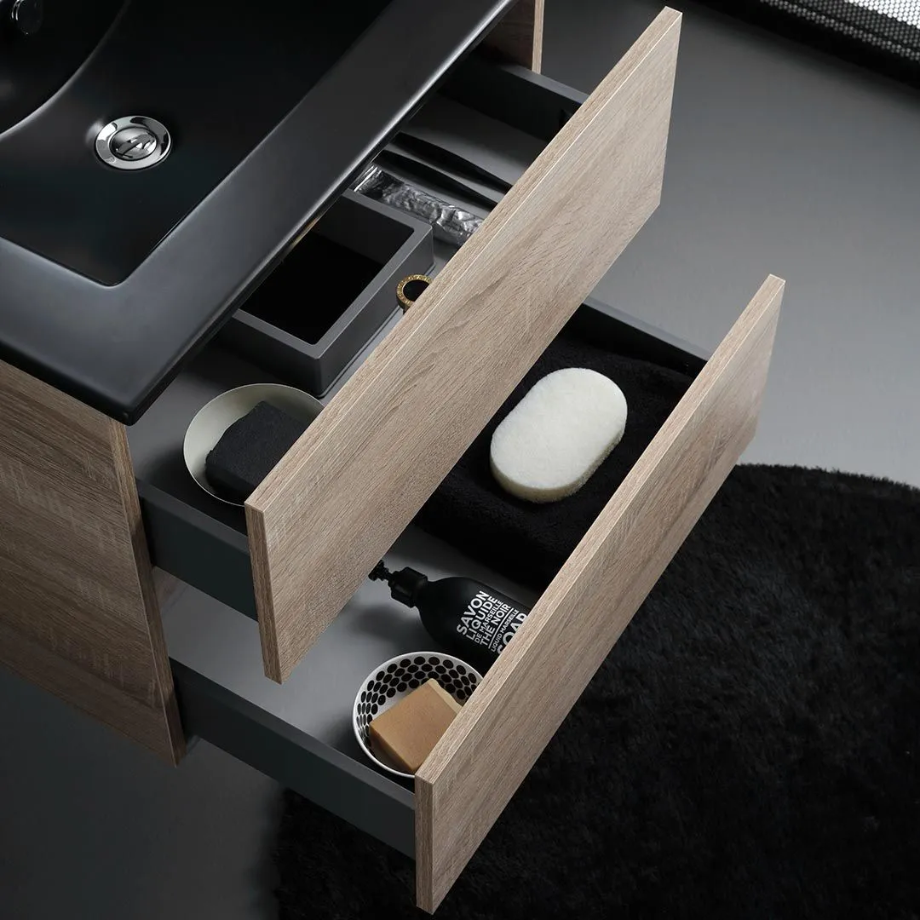 Mobile bagno sospeso 2 cassetti "Berlino60" color rovere con lavabo nero e specchio
