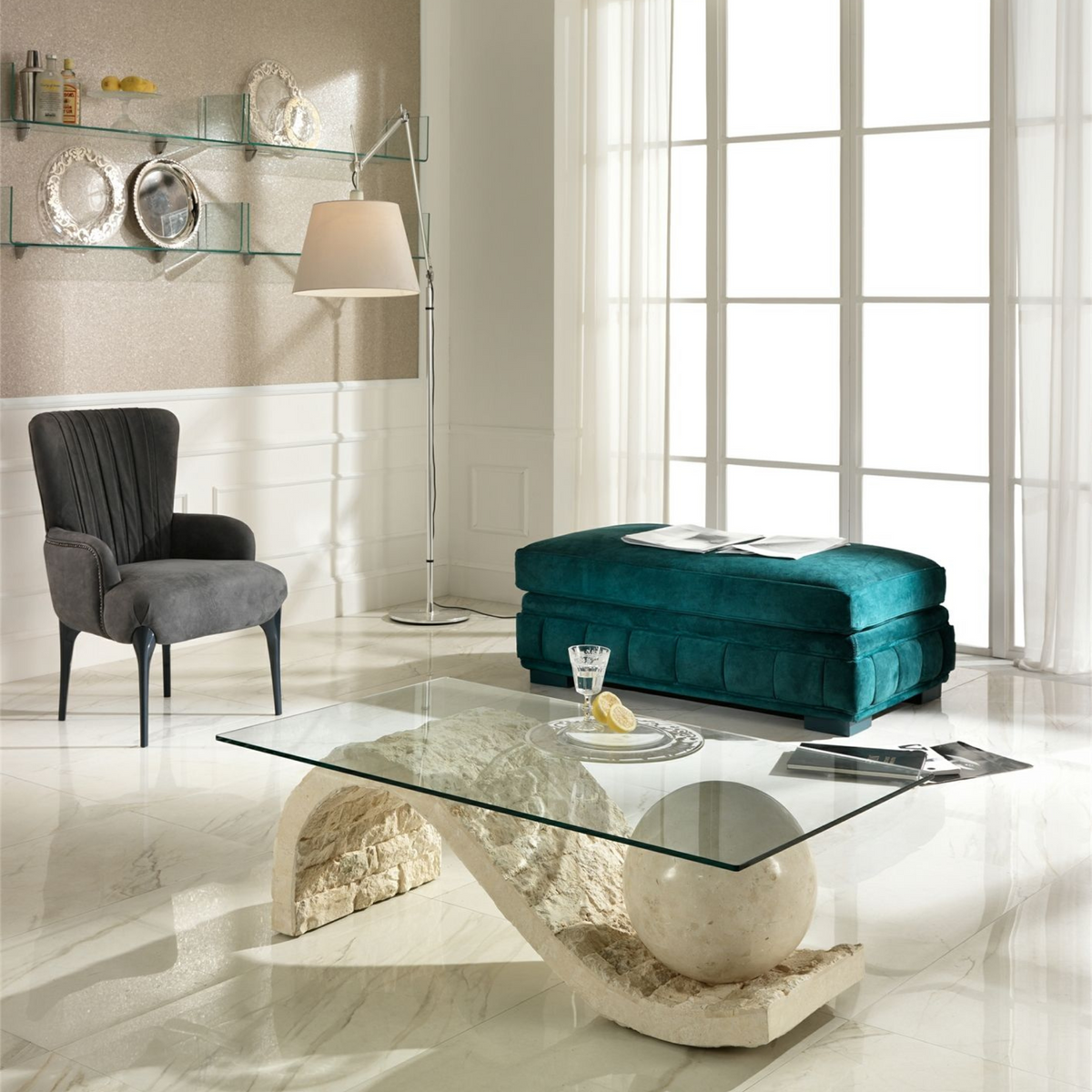 Tavolino basso in pietra fossile "Mary" top in vetro temperato cm 120x70 37h