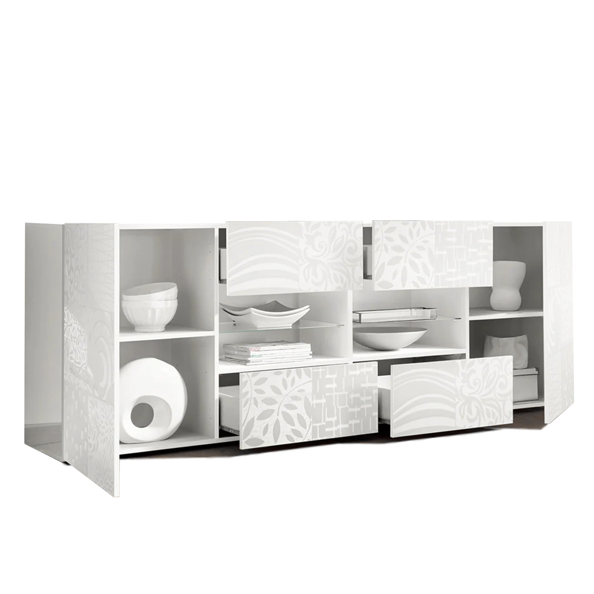 Madia a buffet in legno bianco laccato "Miro" a 2 ante con 4 cassetti cm 241x42 84h