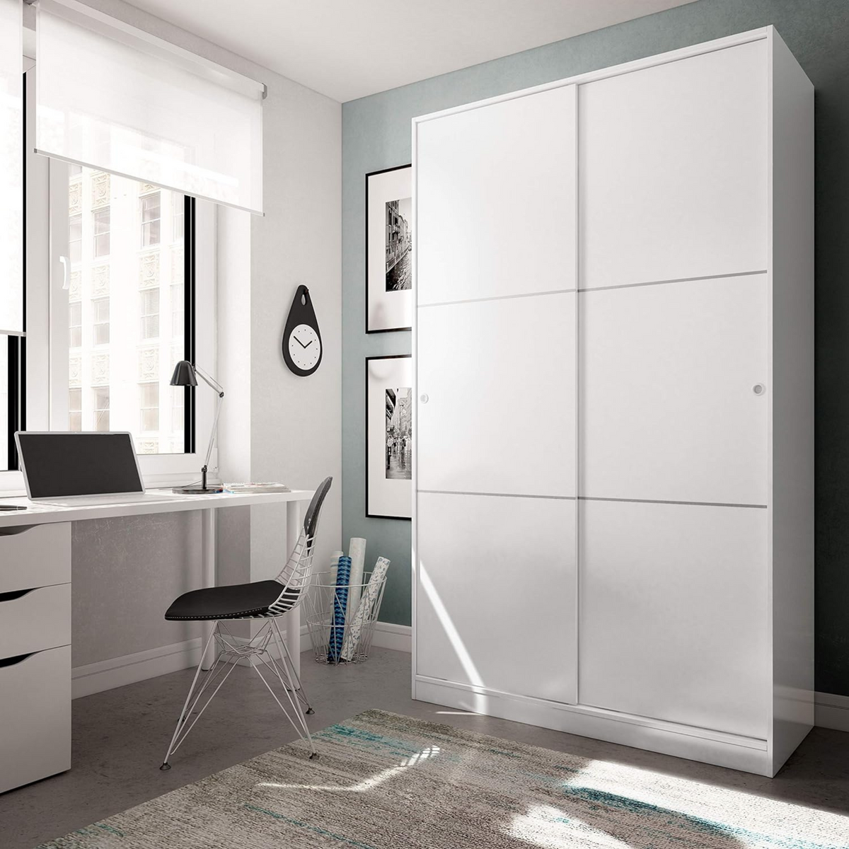Armadio in legno bianco "Home" con 2 ante scorrevoli e 3 ripiani cm 120x50 200 h