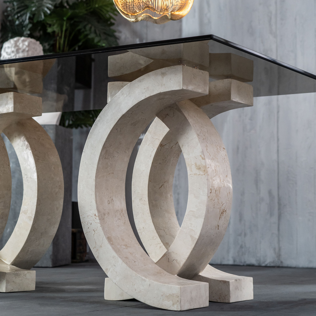 Tavolo da pranzo in pietra "Coco" top in vetro temperato cm 180x100 76h