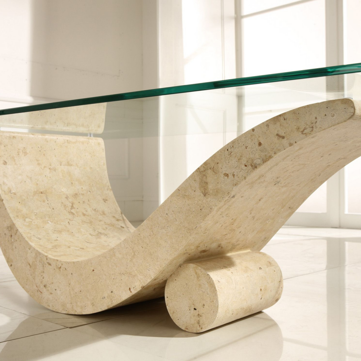 Tavolino basso in pietra fossile "Gary" top in vetro temperato cm 120x70 40h