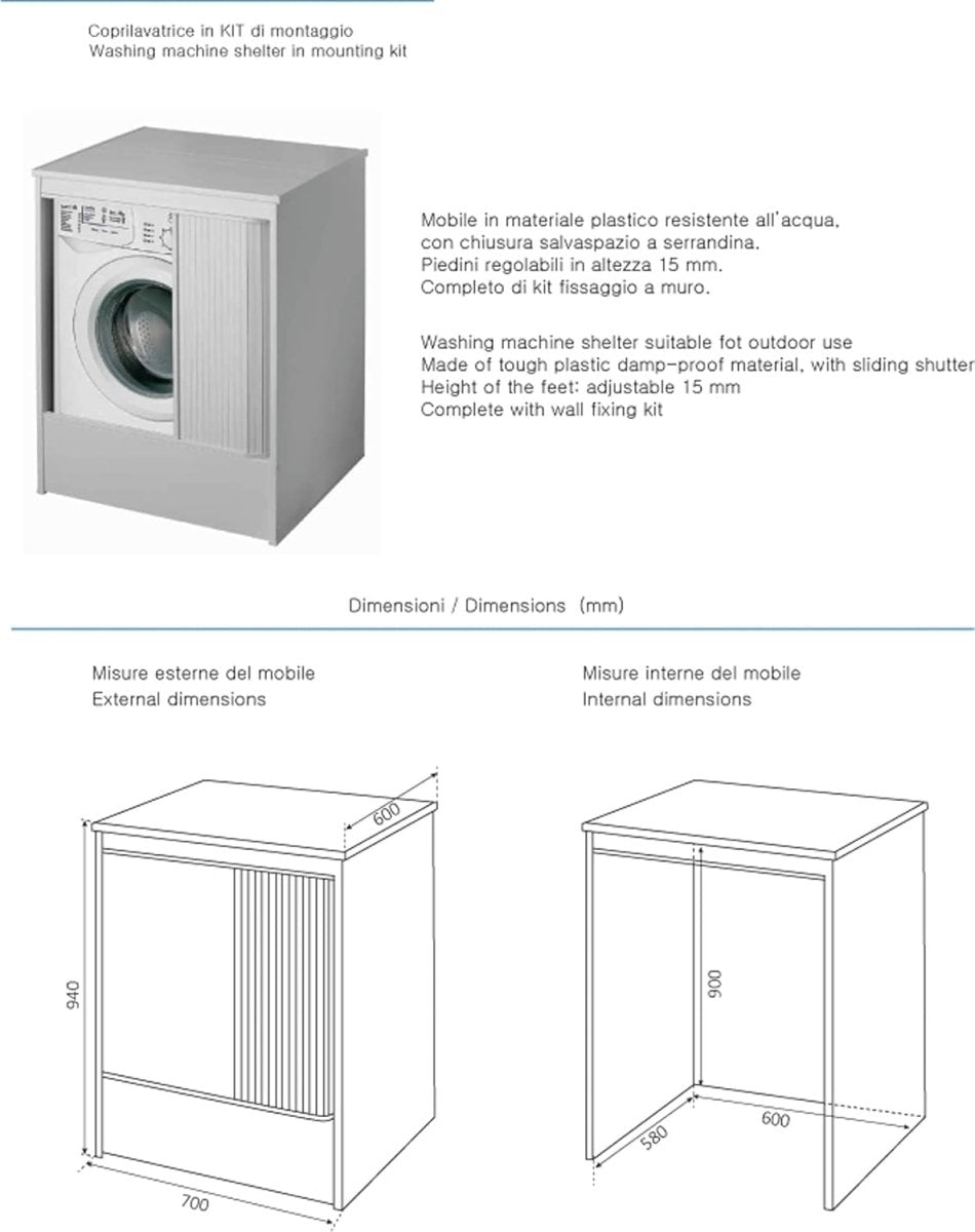 Mobile coprilavatrice in pvc"system01" apertura a serrandina piedini regolabili 65x70 94h - MondoViro