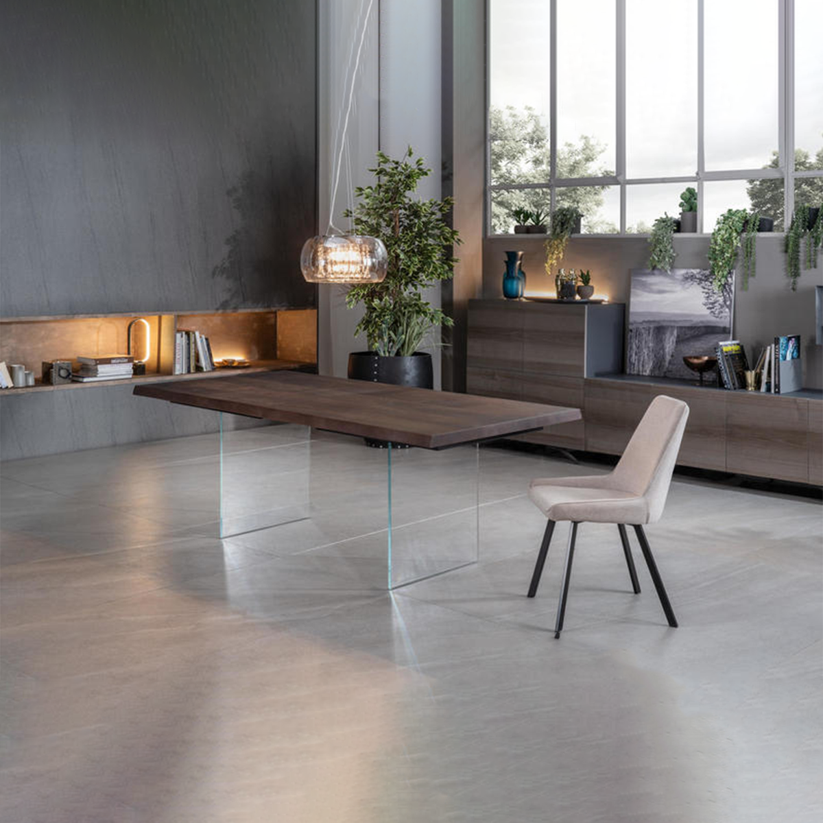 Tavolo allungabile "Fabien" piano in legno gambe in vetro temperato cm 200/300x100 76h