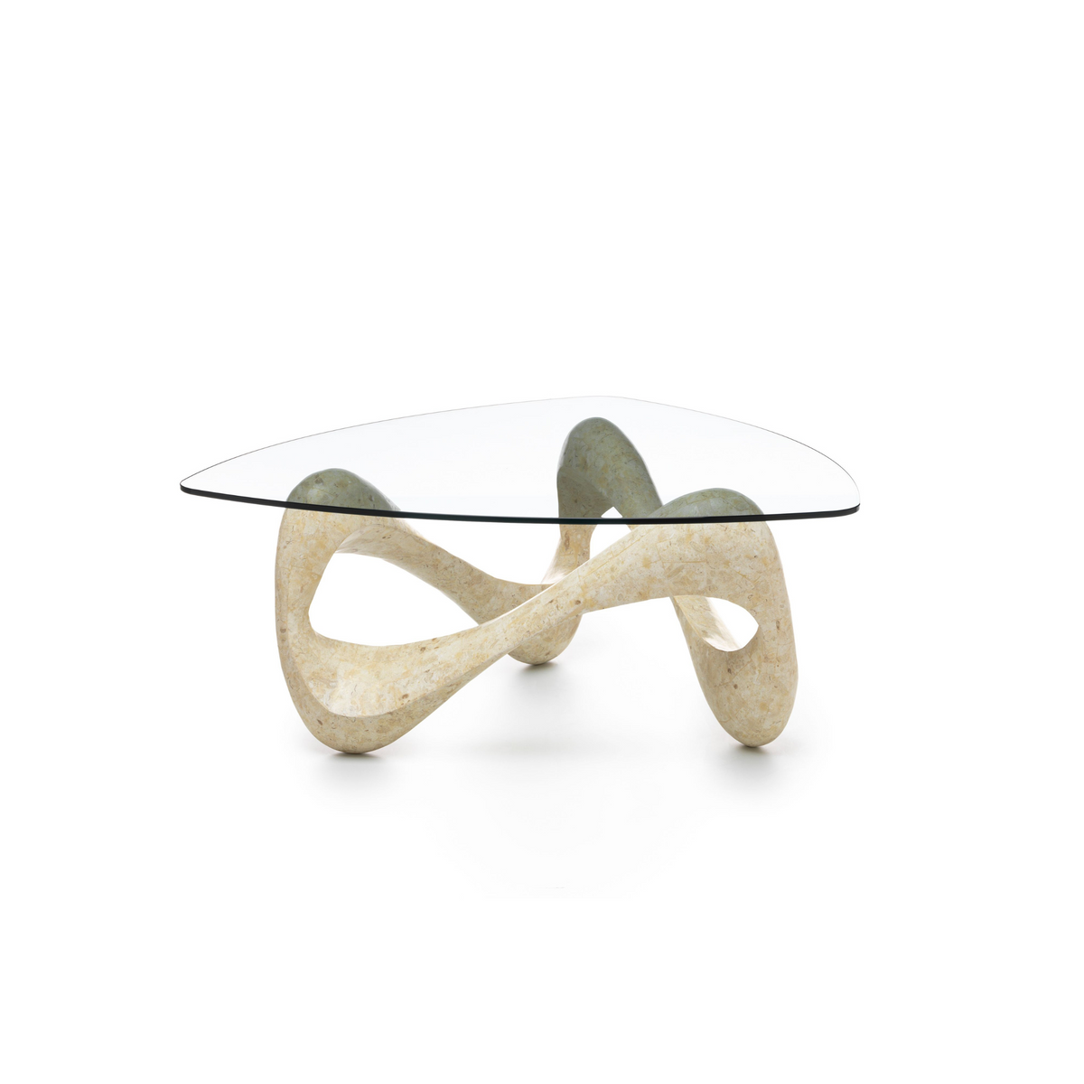 Tavolino basso in pietra fossile "Scarf" top in vetro temperato cm 100x100 42,5h