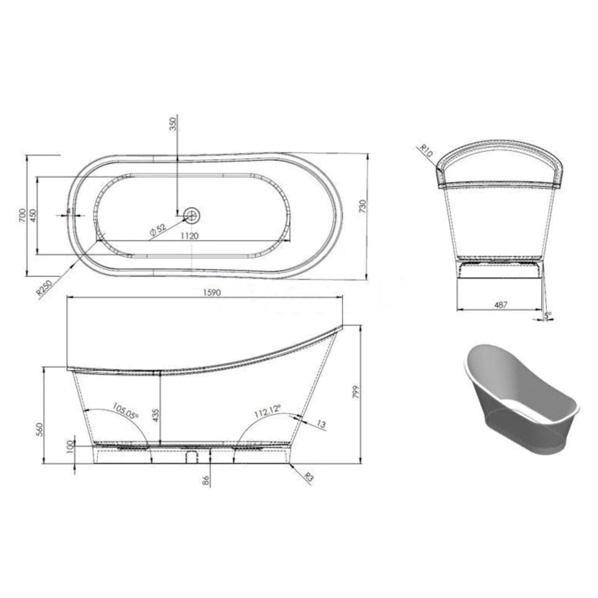 Vasca da bagno autoportante "Alma" in marmo ricomposto bianco cm 159,5x73 80,5h - MondoViro