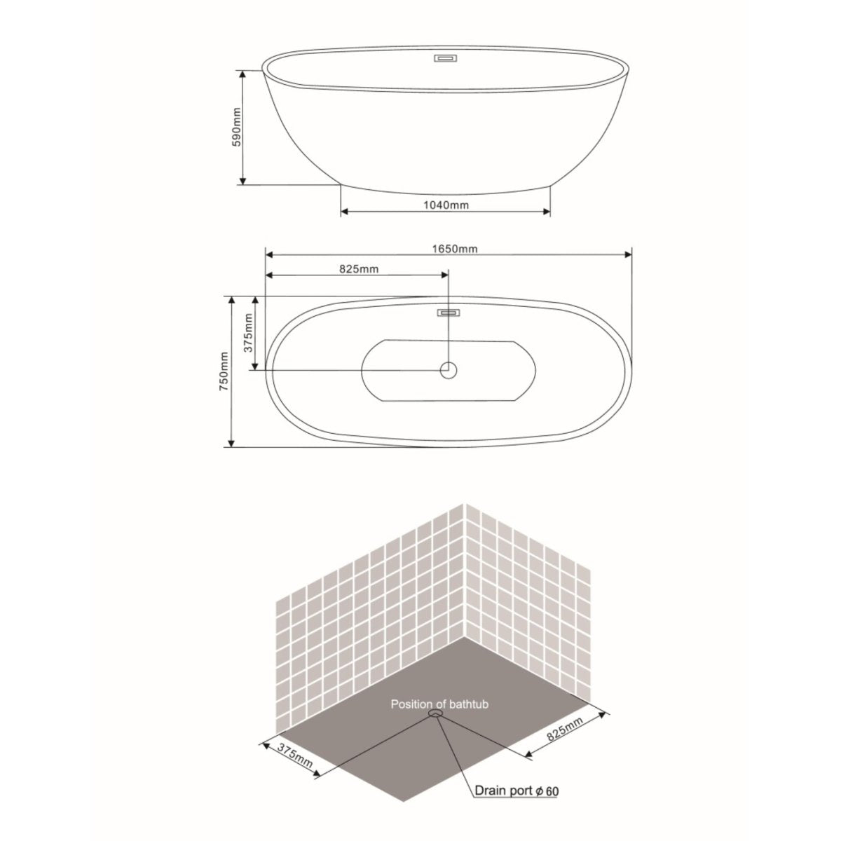 Vasca da bagno ovale a centro stanza "Clarissa" in acrilico bianco cm 165x75 59h - MondoViro