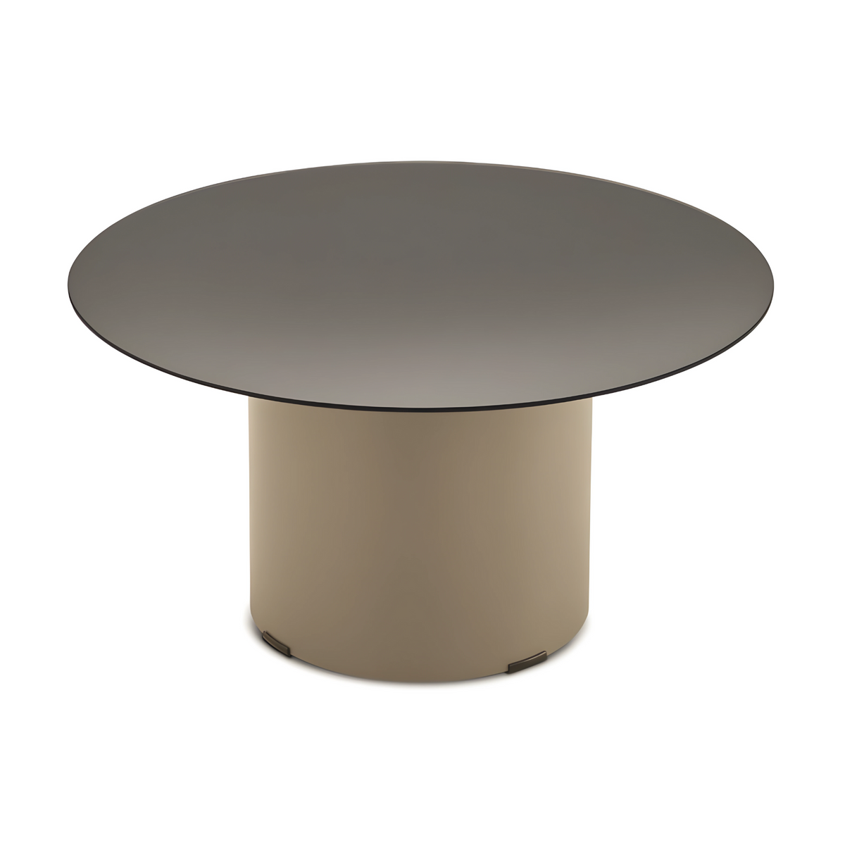 Tavolino rotondo "Dixy" con base in metallo e piano in vetro