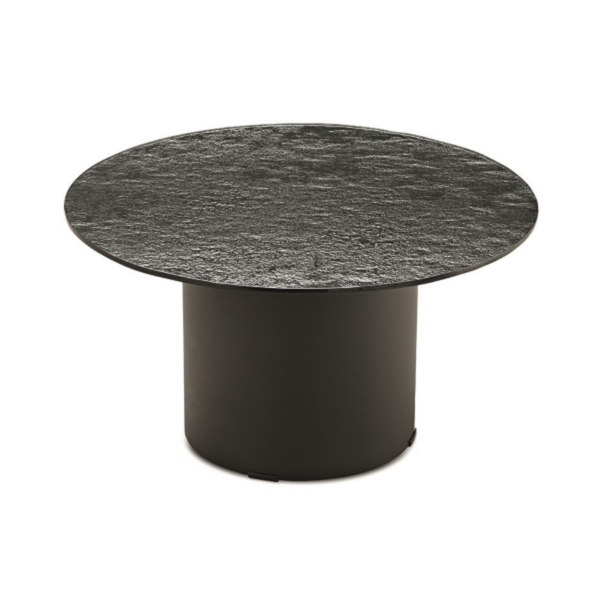 Tavolino rotondo "Dixy" con base in metallo e piano in vetro
