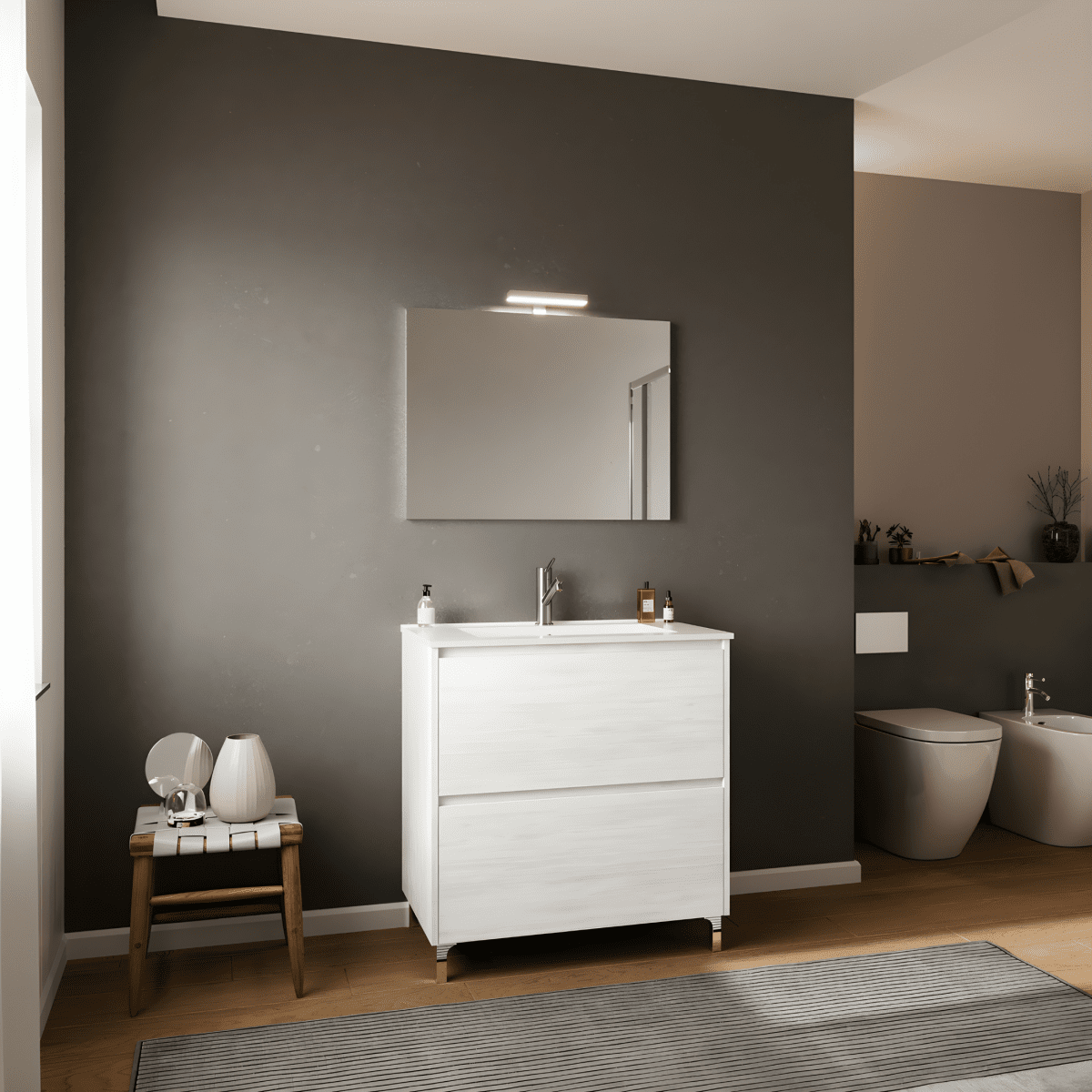 Mobile da bagno moderno "Elo" in legno con lavabo integrato e specchio LED - MondoViro
