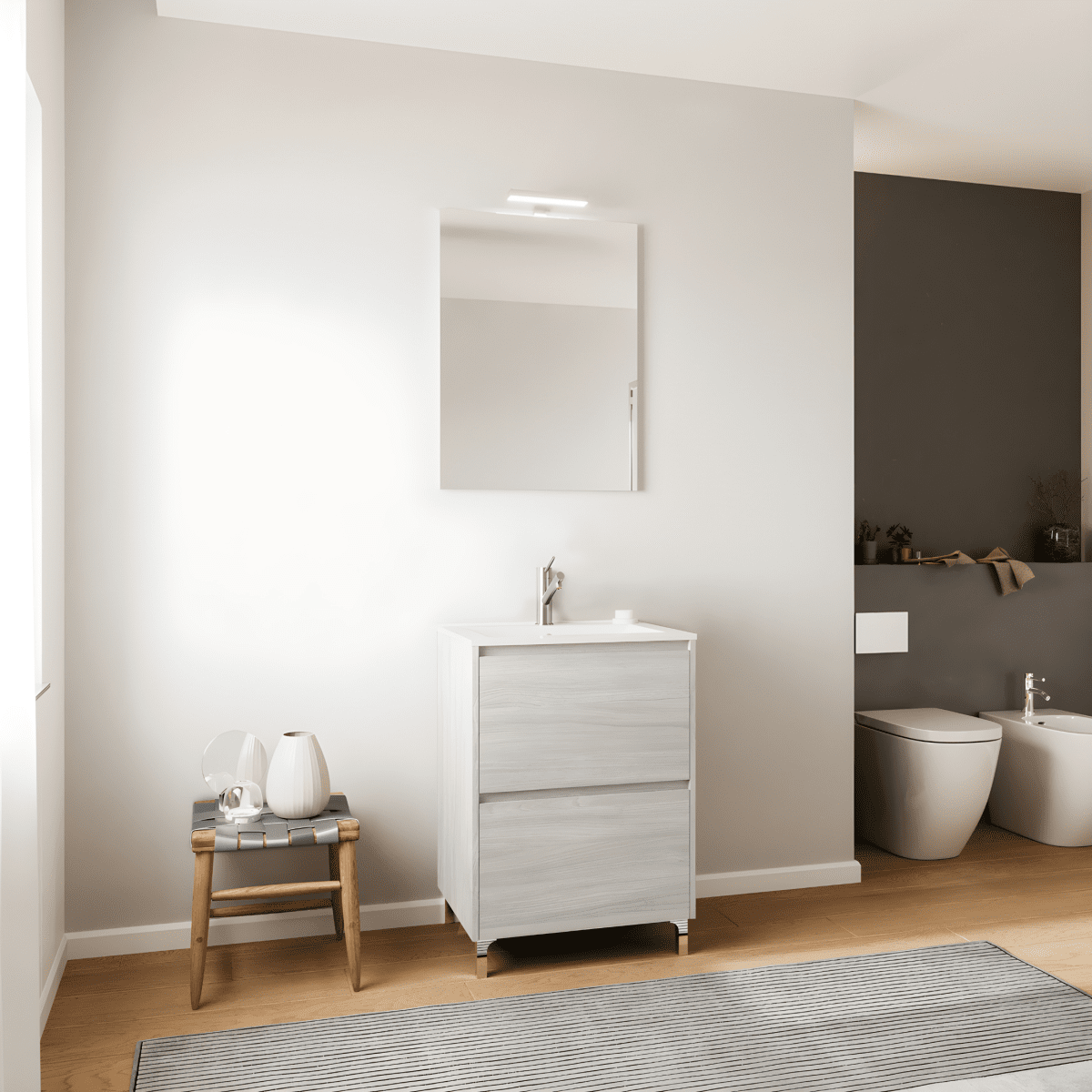 Mobile da bagno moderno "Elo" in legno con lavabo integrato e specchio LED - MondoViro