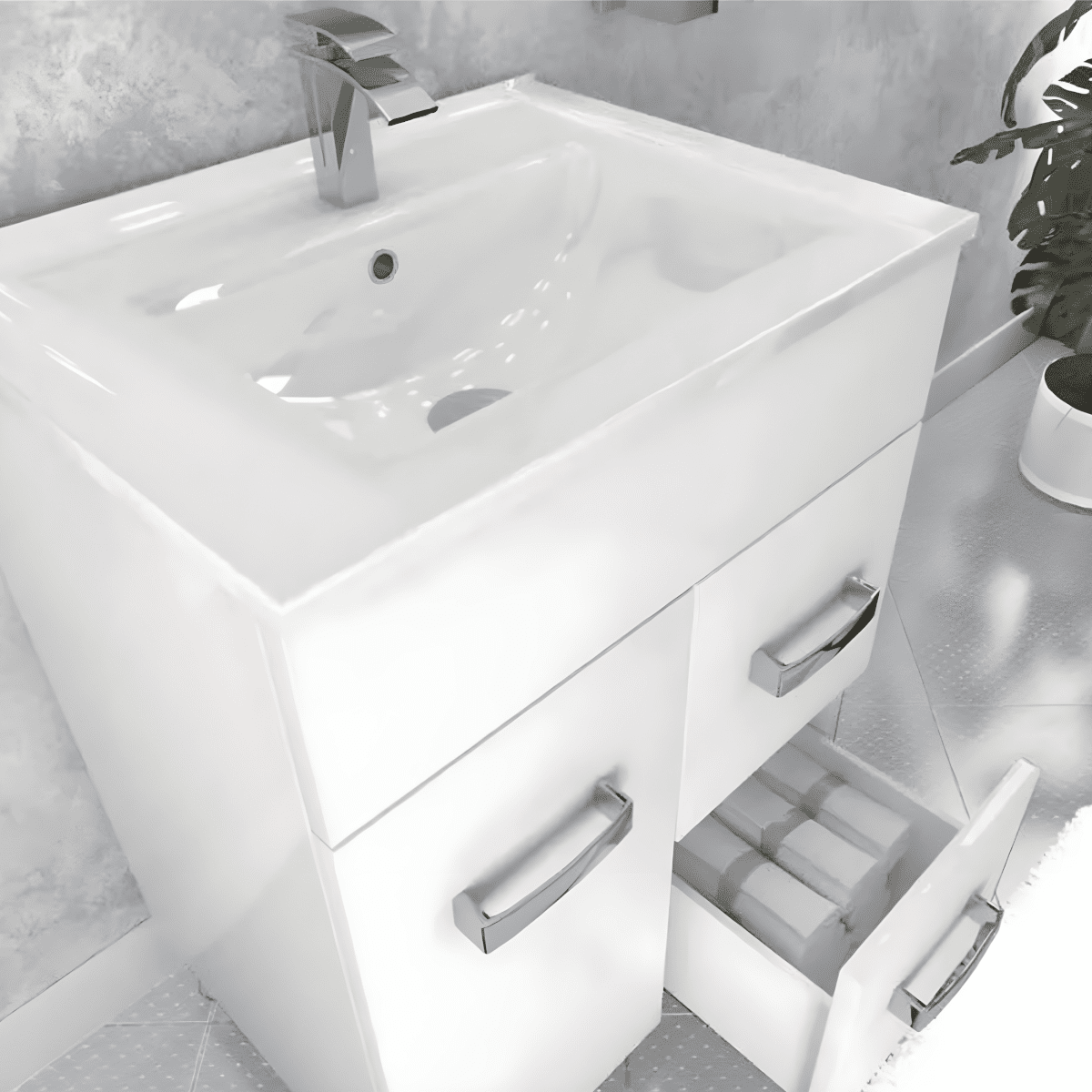 Mobile da bagno "Elendir" con lavabo in ceramica integrato maniglie piedini cromati - MondoViro