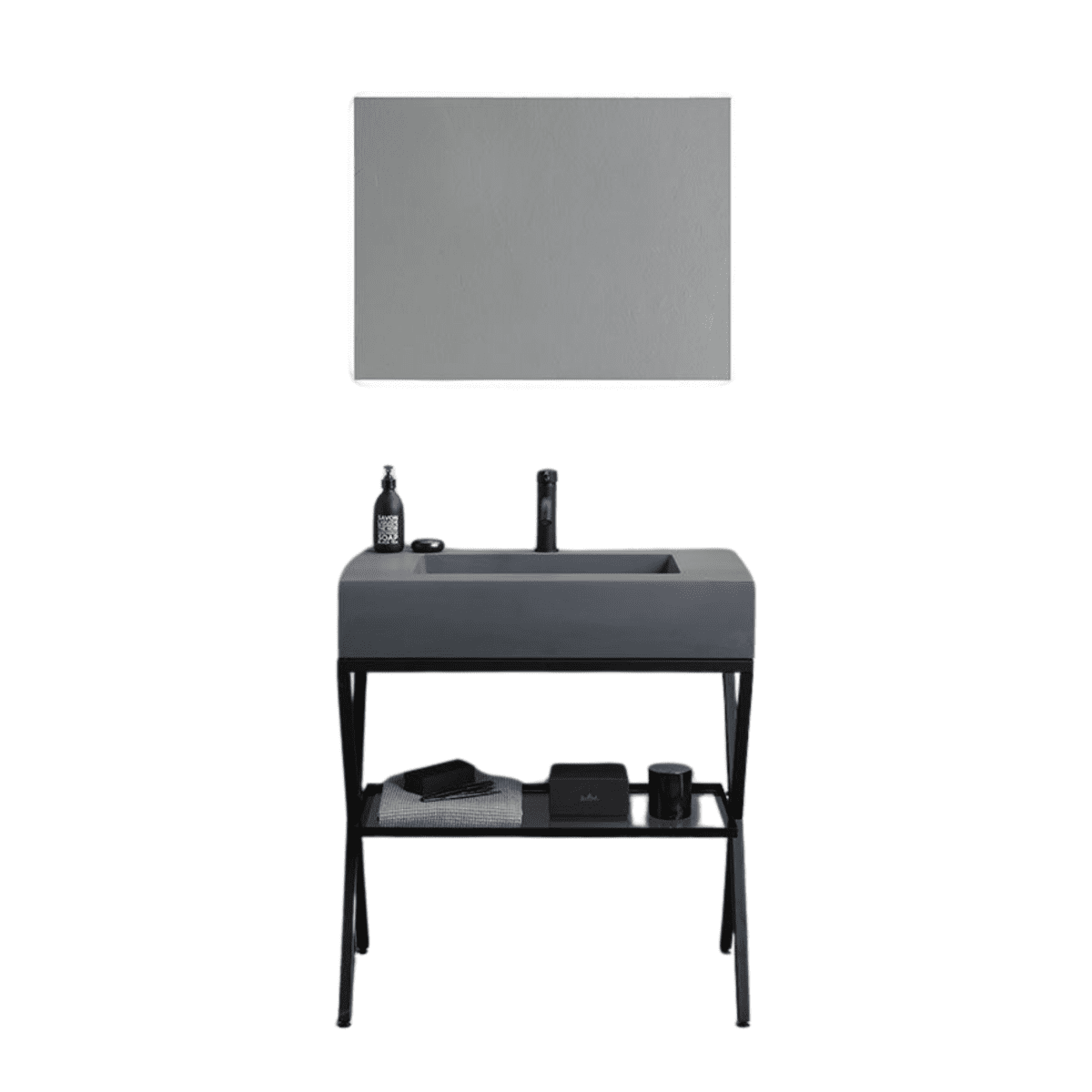 Mobile bagno a terra resina grigio "Figi" 80 cm con lavabo grigio e specchio rettangolare LED retroilluminato - MondoViro