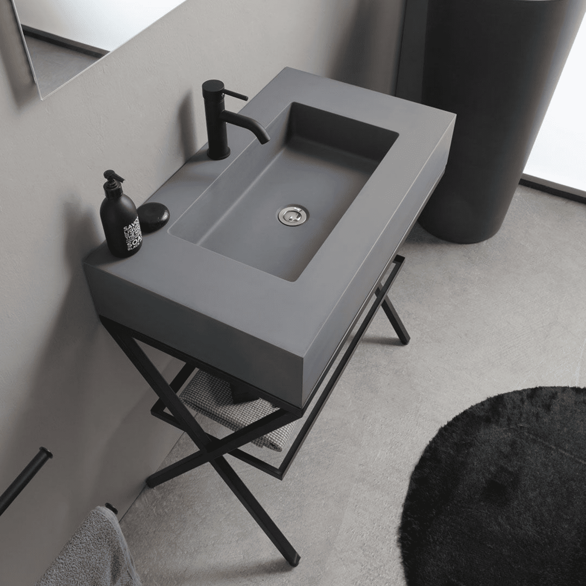 Mobile bagno a terra resina grigio "Figi" 80 cm con lavabo grigio e specchio rettangolare LED retroilluminato - MondoViro