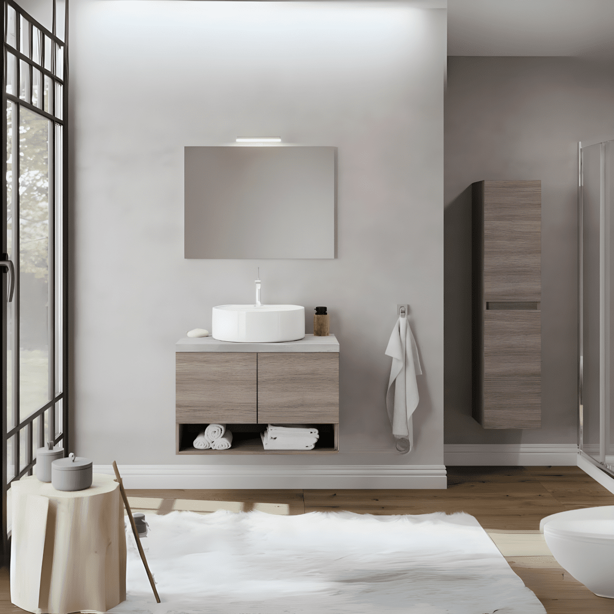 Mobile da bagno sospeso "Lunaris1" con lavabo da appoggio 2 ante e base con specchio LED - MondoViro