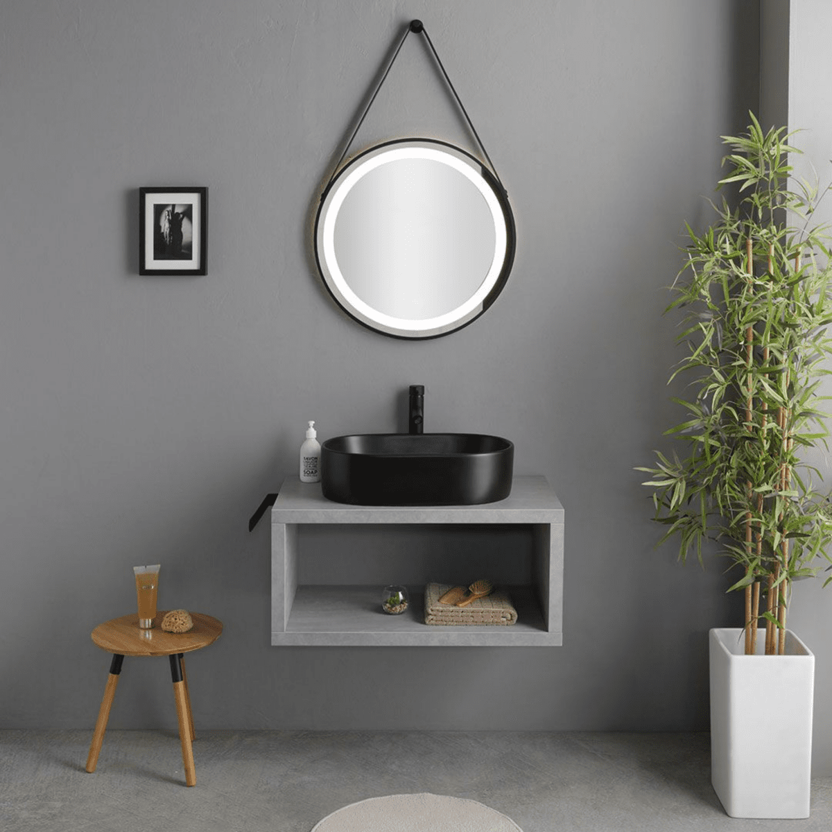 Mobile bagno sospeso grigio "Monaco" 80 cm con lavabo da appoggio nero opaco ovale e specchio tondo a led - MondoViro