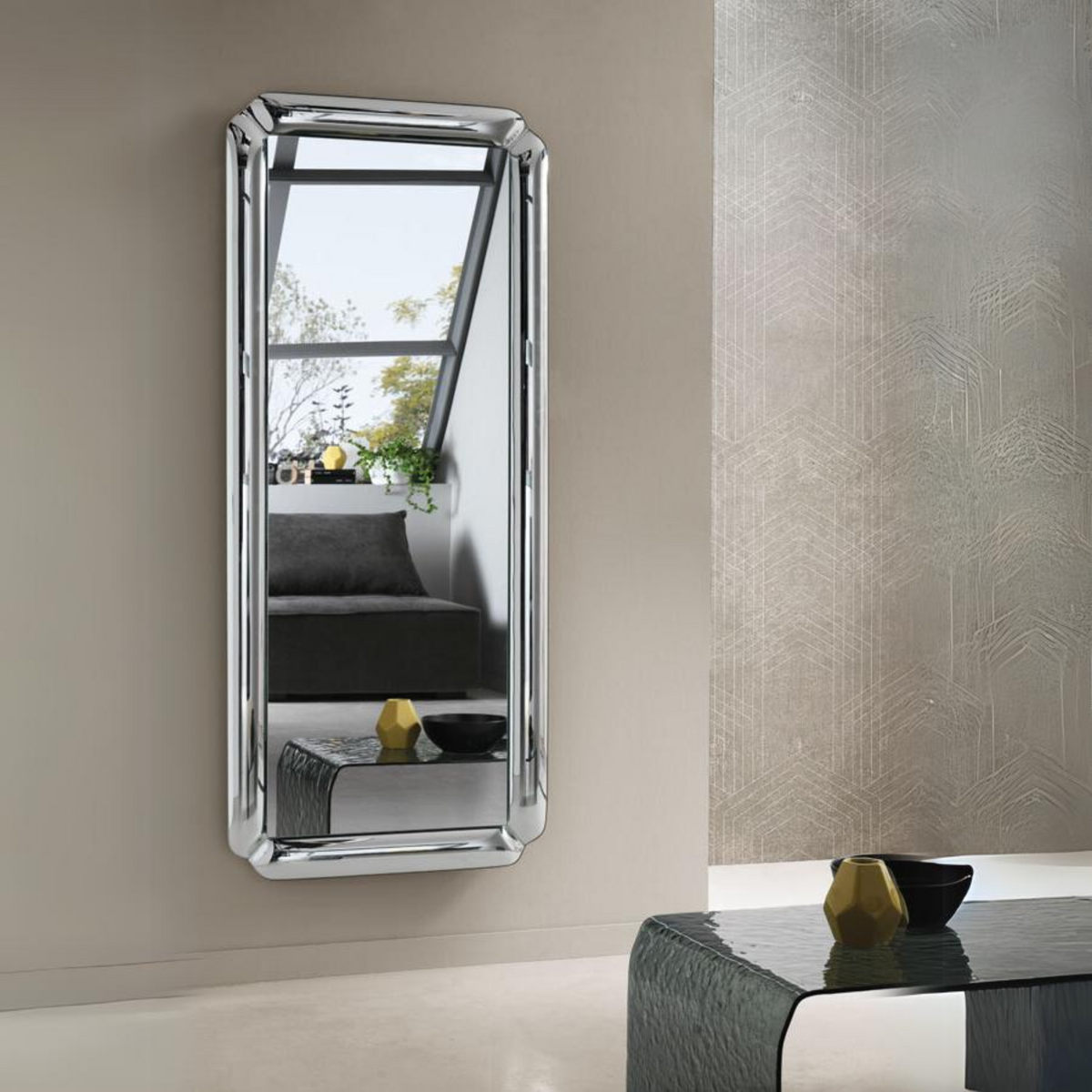 Specchio da parete moderno "Odissea" con cornice elegante in cristallo fuso cm 70x160h