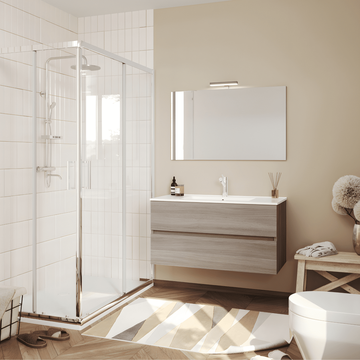Mobili da bagno sospeso moderno "Tara" con 2 cassetti , lavabo da incasso e specchio LED - MondoViro