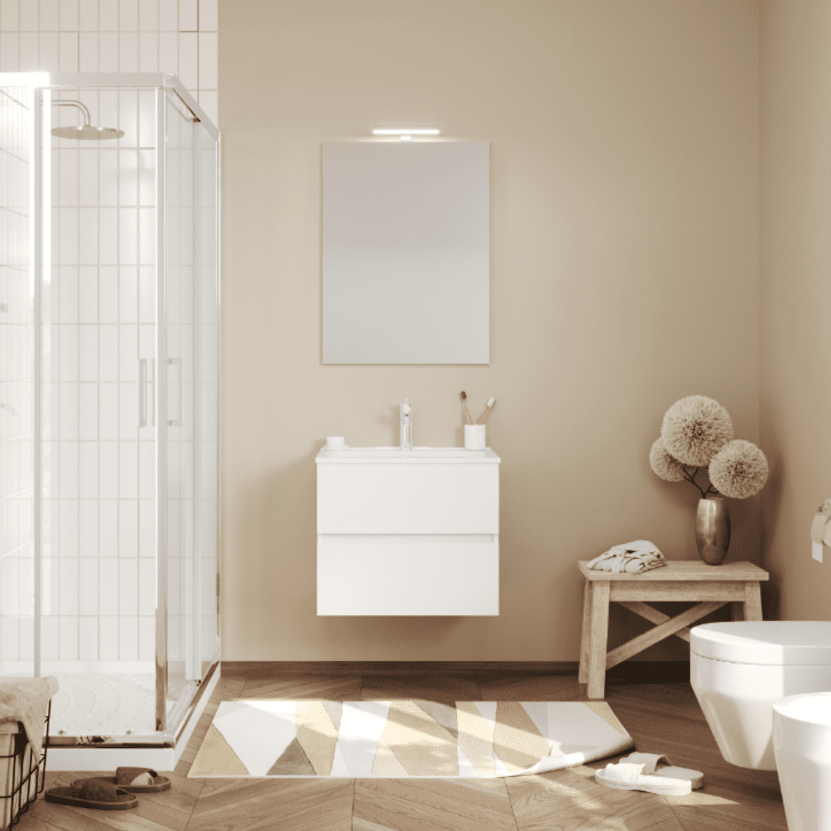 Mobili da bagno sospeso moderno "Tara" con 2 cassetti , lavabo da incasso e specchio LED - MondoViro