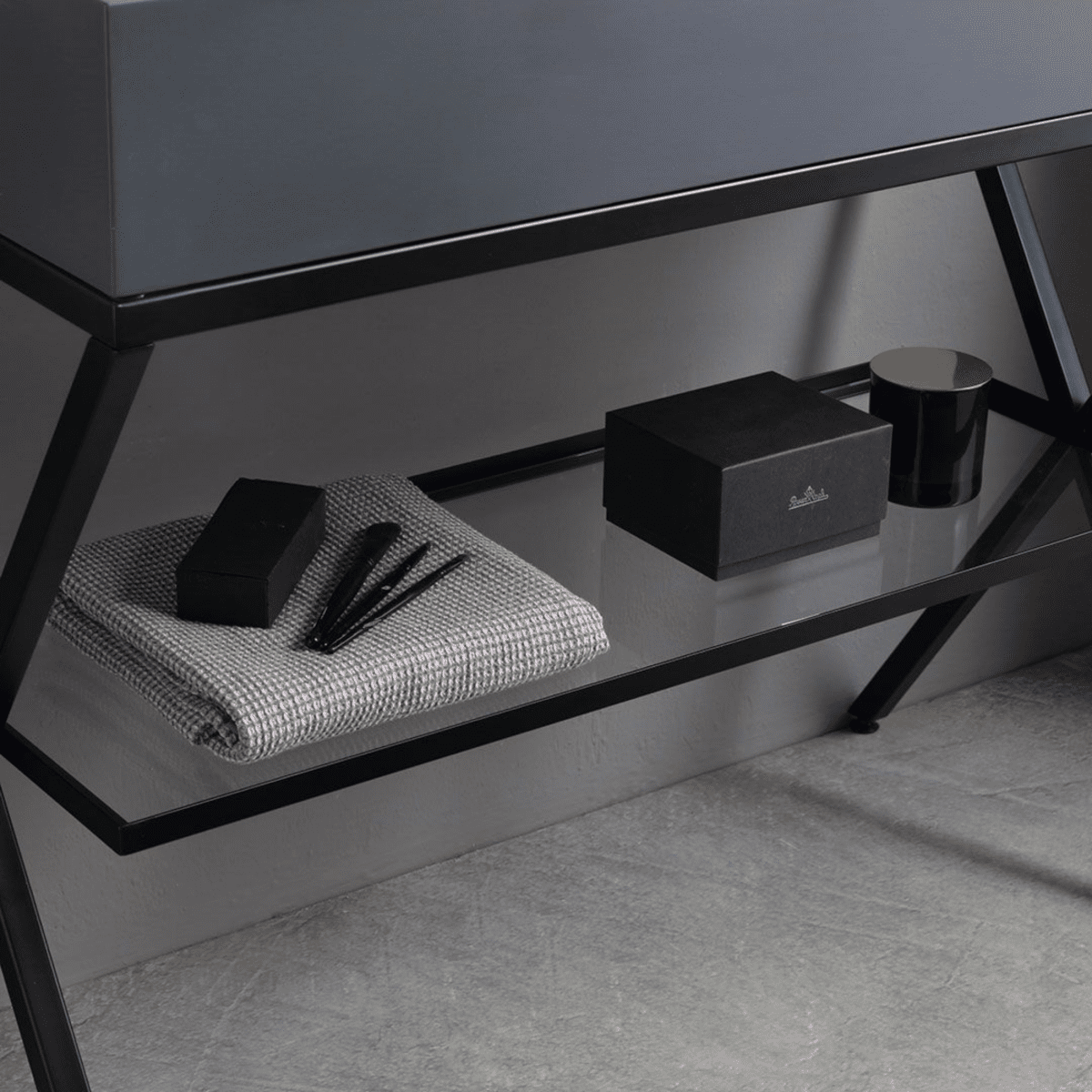 Mobile bagno a terra "Petra" moderno con specchio, lavabo e mensola in vetro 100 cm - MondoViro