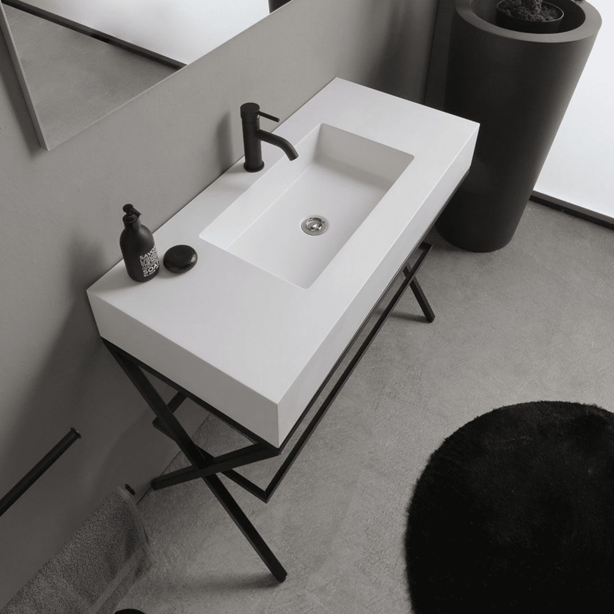 Mobile bagno a terra "Petra" moderno con specchio, lavabo e mensola in vetro 100 cm - MondoViro