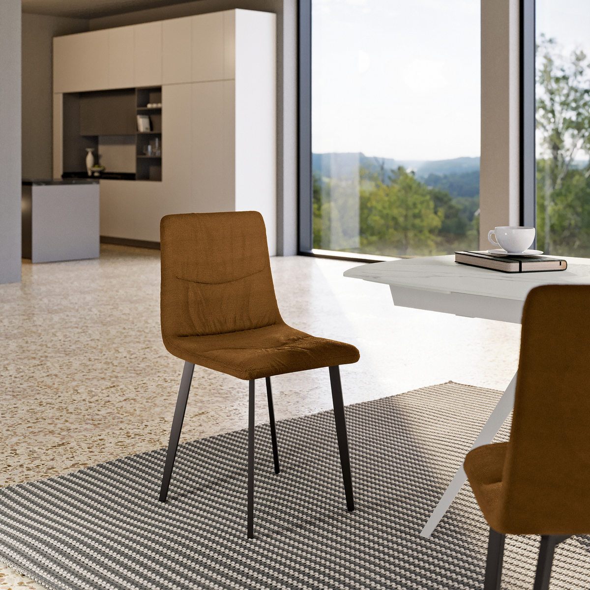 Set 4 sedie in tessuto easy-clean "Carlotta" con struttura in metallo verniciato nero