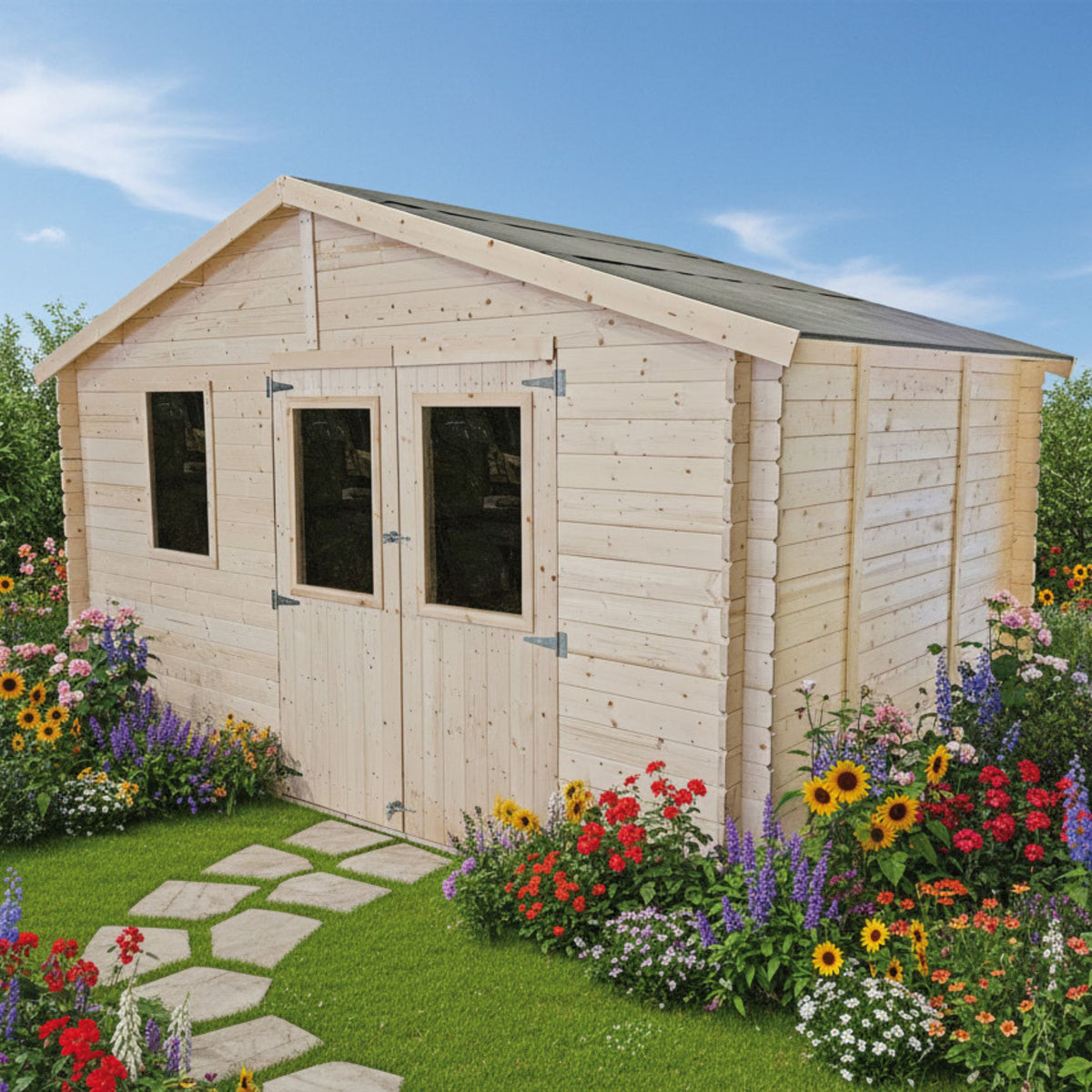 Casetta in legno da giardino "BlockHouse" porta doppia con finestra Made in Italy
