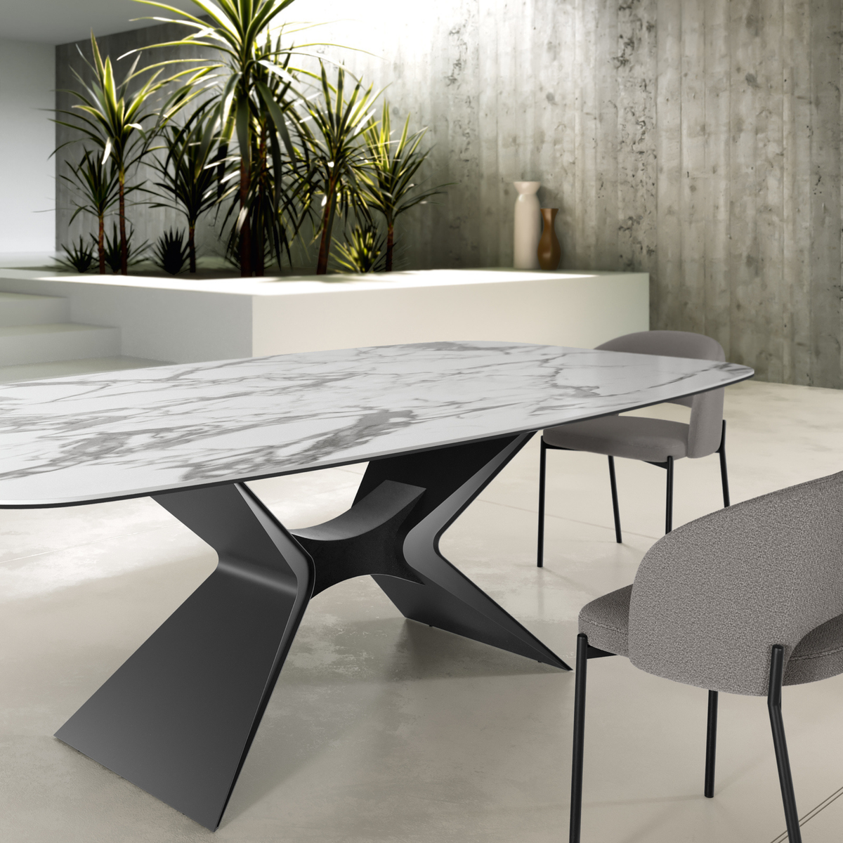 Tavolo fisso "Atlante" con top lucido in ceramica su vetro con struttura in metallo verniciato