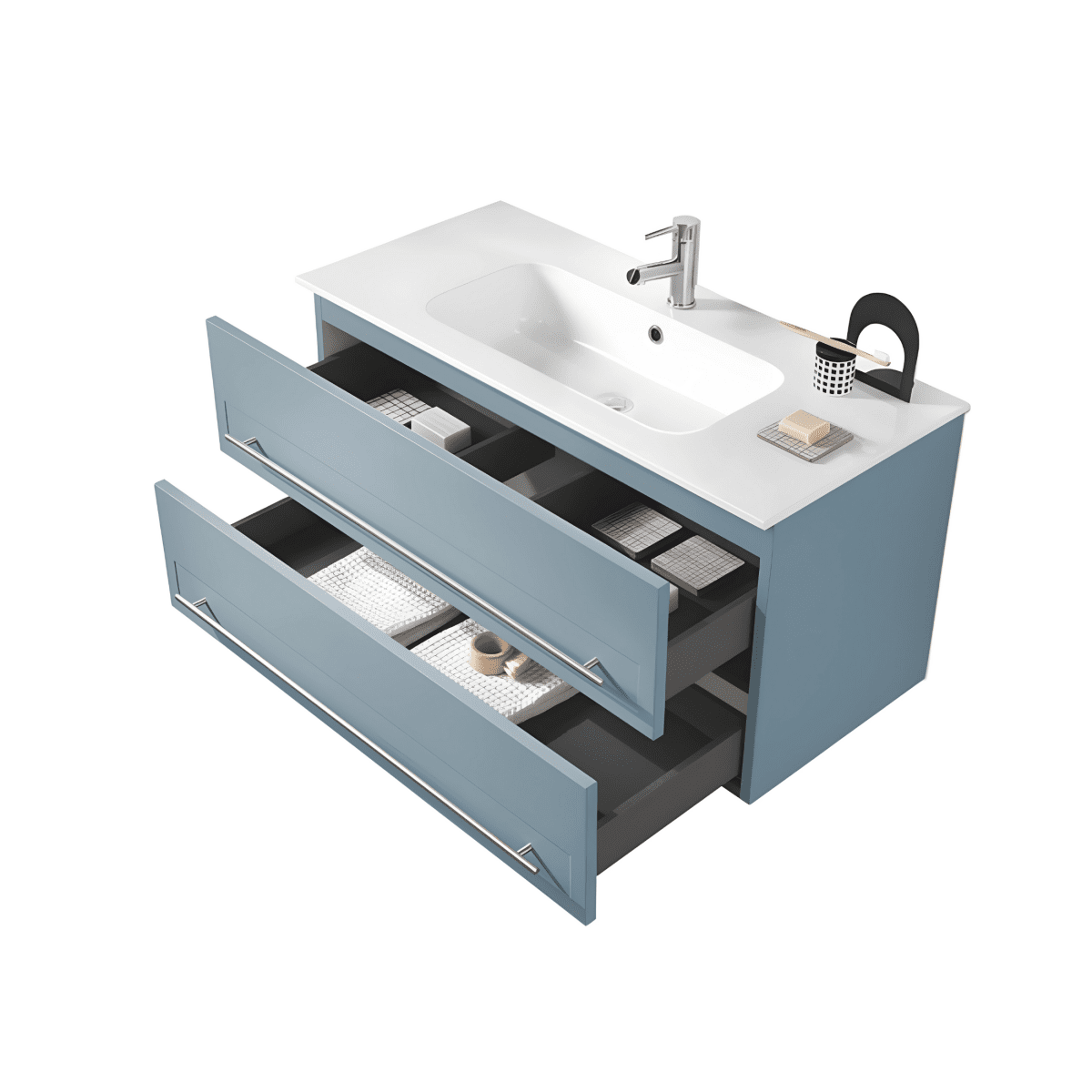 Mobile da bagno in legno 2 cassetti "Denim100" con lavabo e specchio Led - MondoViro