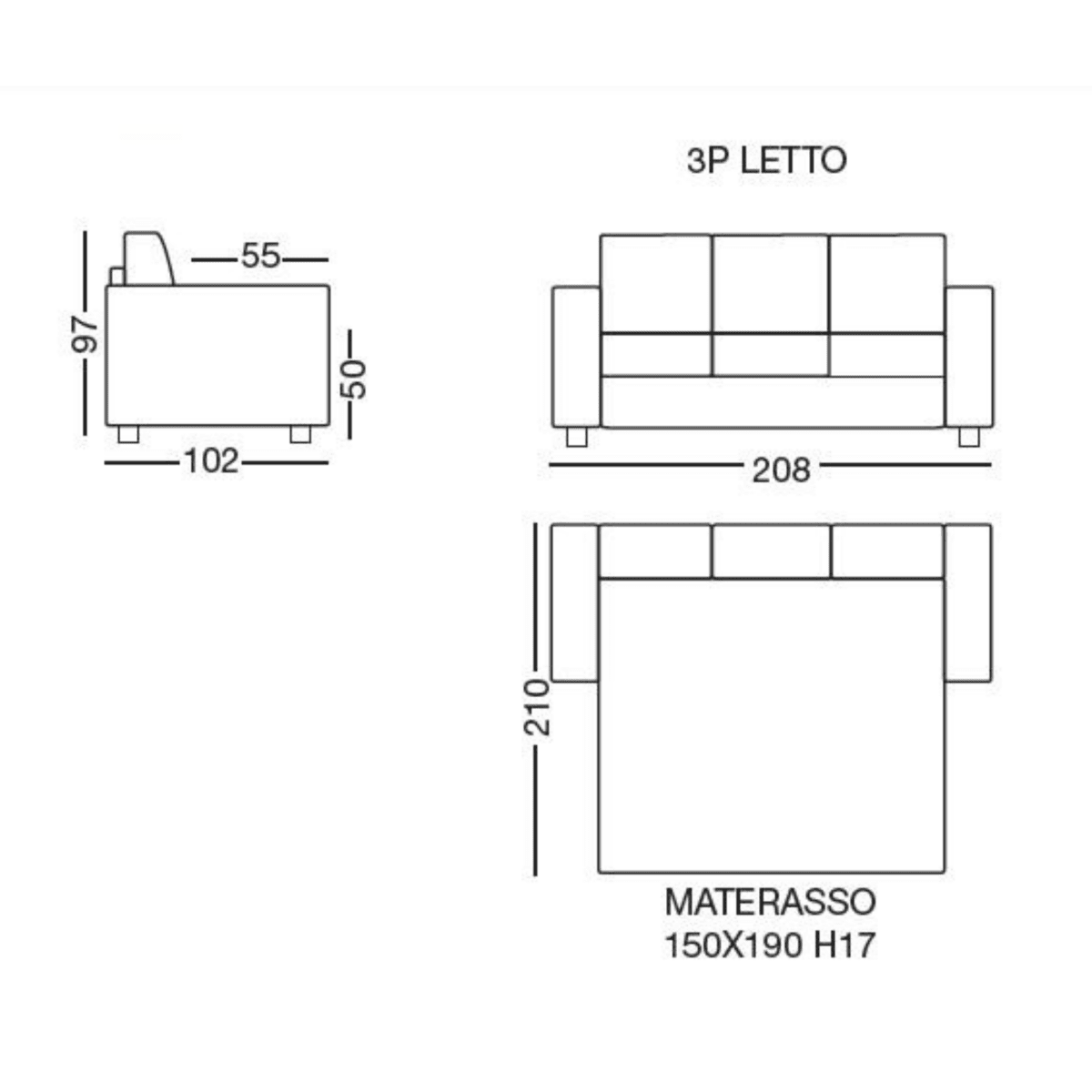 Divano letto 3 posti matrimoniale "Turchese" tessuto idrorepellente e antimacchia cm 208x102 97h - MondoViro